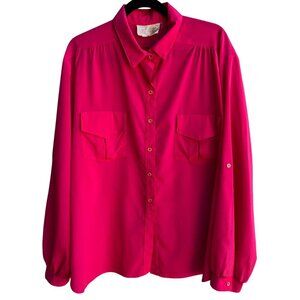 Marie-France Vintage Hot Pink Button-Up Palace Silk Roll Tab Sleeve Blouse 3XL